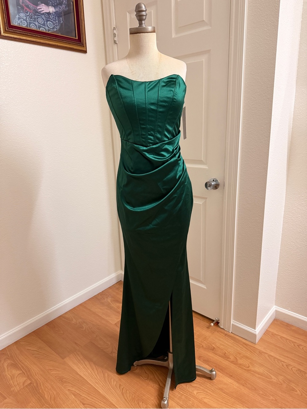 Emerald Sundae Strapless Satin Gown in Deep Green